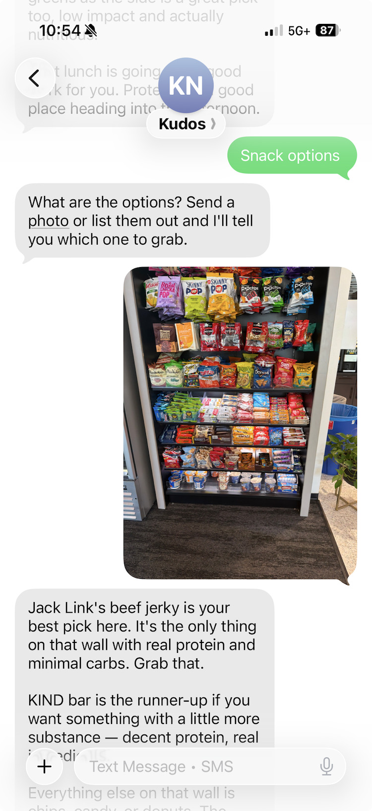 A real kudos text thread: my dad texts kudos about what to eat and kudos replies with a specific pick for him.