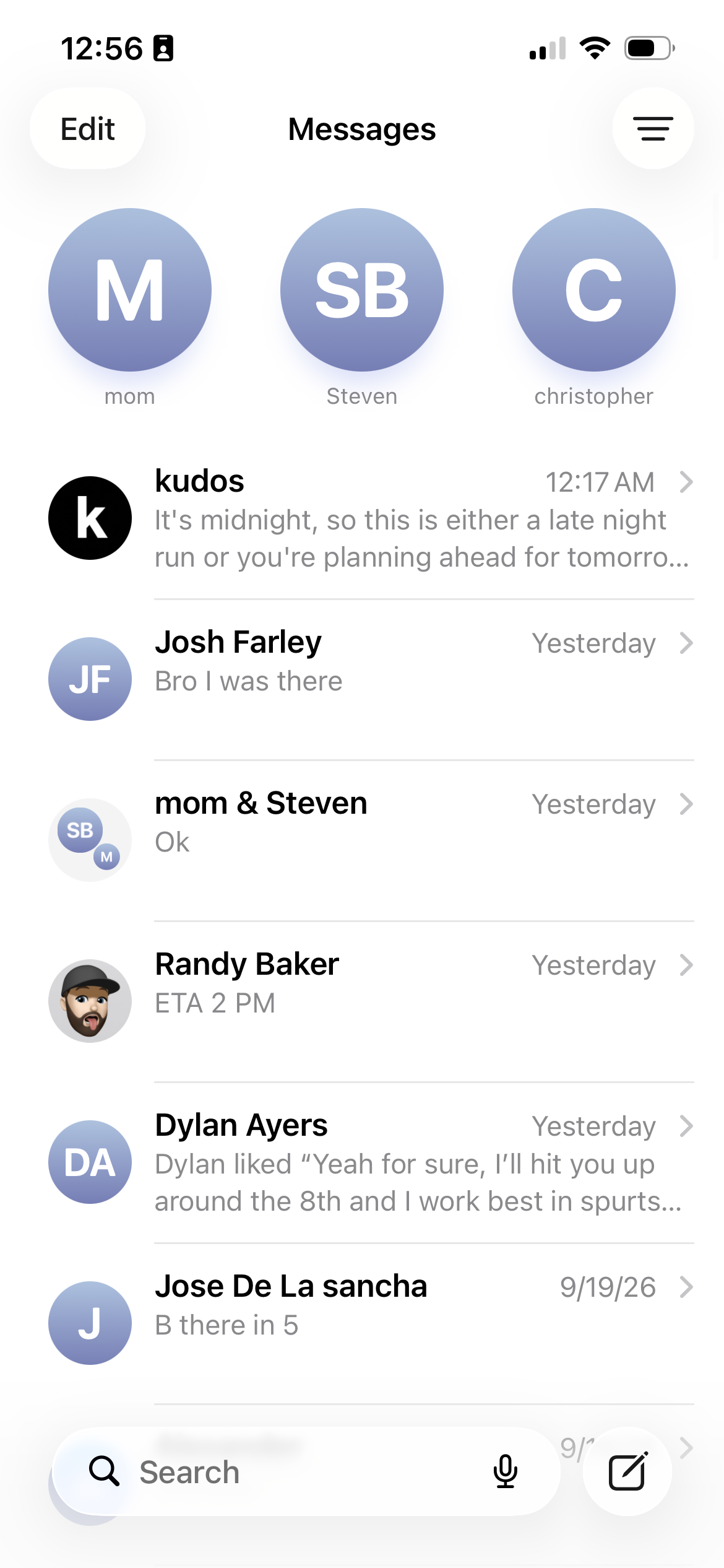 An iPhone Messages list with kudos as one of the regular conversations, between friends and family.